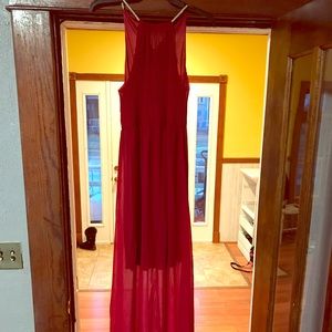 Red dress with sheer overlay
